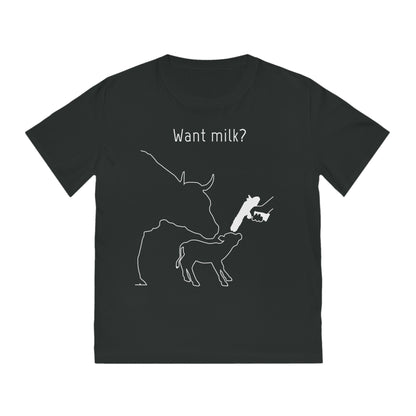 Want Milk? - Unisex Rocker T-shirt - Confronting Milk consumers with Mother Cow, Calf and bolt gun