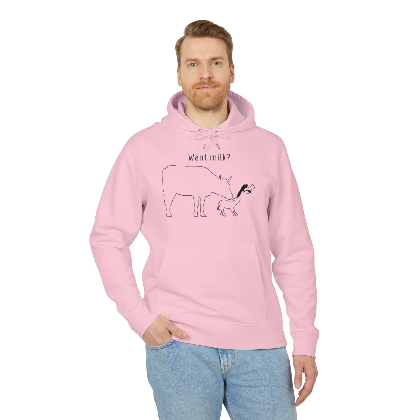 Want Milk? - Unisex Hoodie - Confronting Milk consumers with Mother Cow, Calf and bolt gun