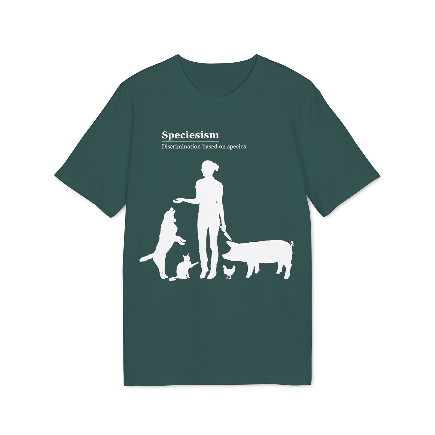 Speciesism Definition - Unisex T-Shirt - Woman with Dog, Cat, Pig, and Chicken