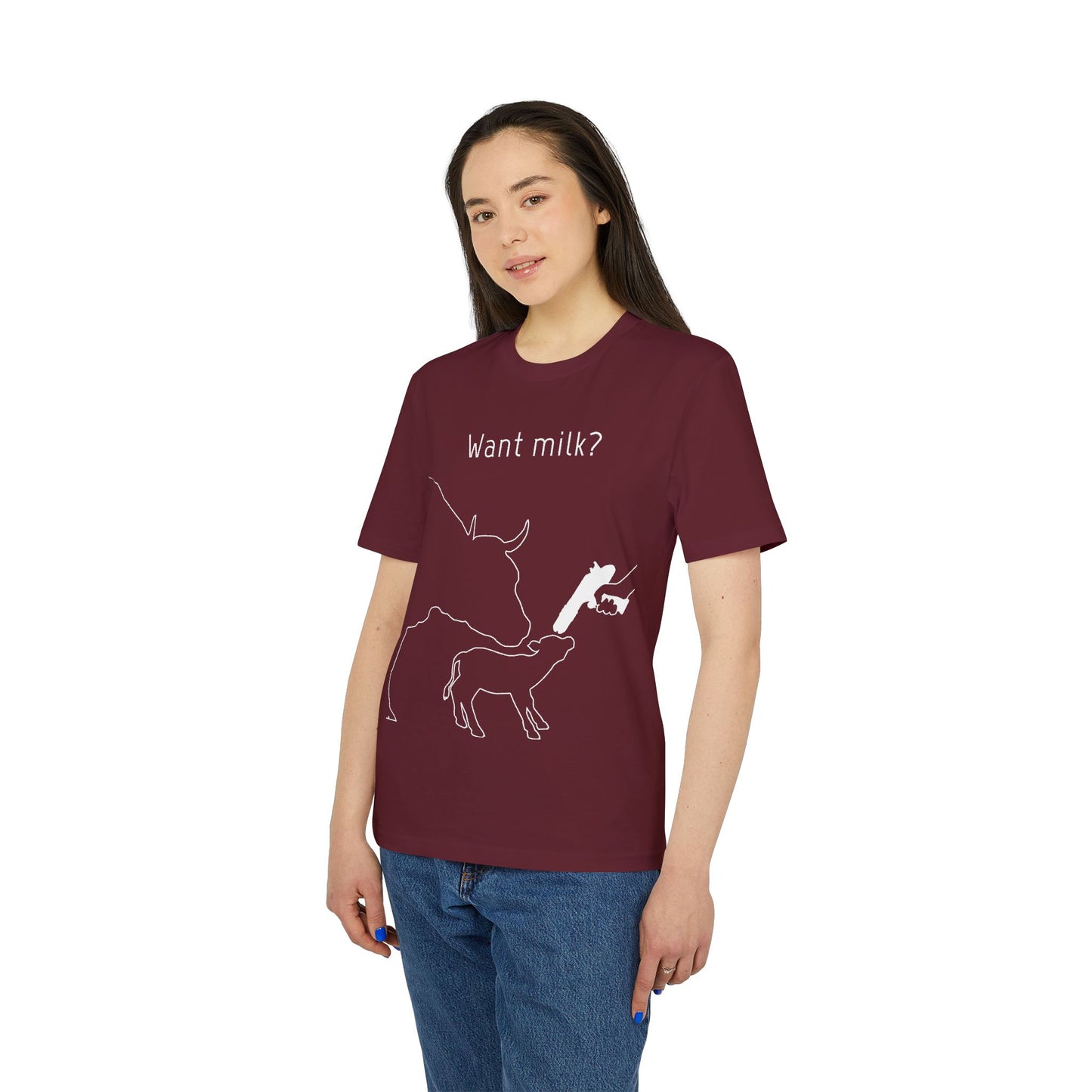 Want Milk? - Unisex T-shirt - Confronting Milk consumers with Mother Cow, Calf and bolt gun