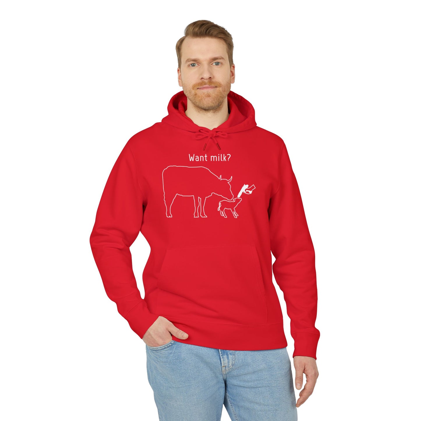 Want Milk? - Unisex Hoodie - Confronting Milk consumers with Mother Cow, Calf and bolt gun