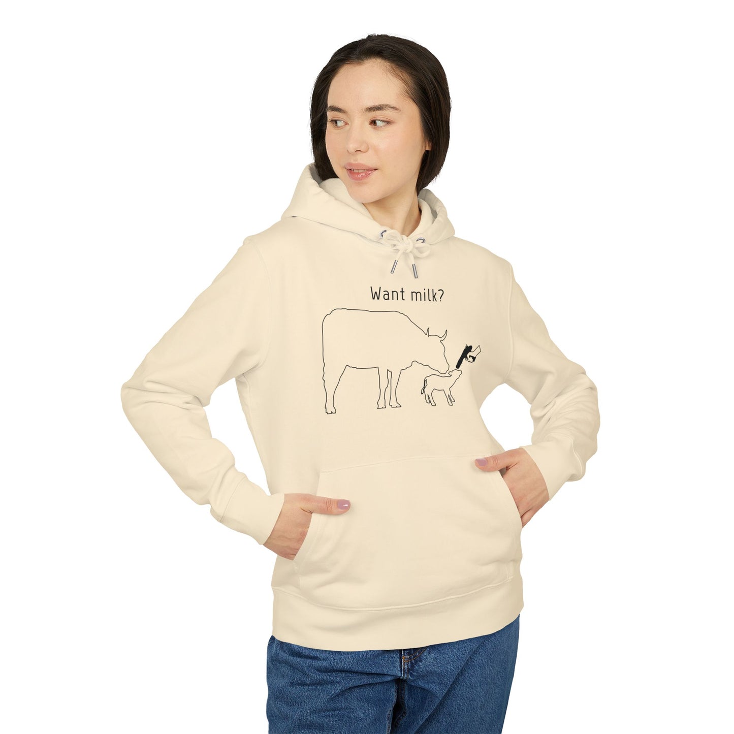 Want Milk? - Unisex Hoodie - Confronting Milk consumers with Mother Cow, Calf and bolt gun