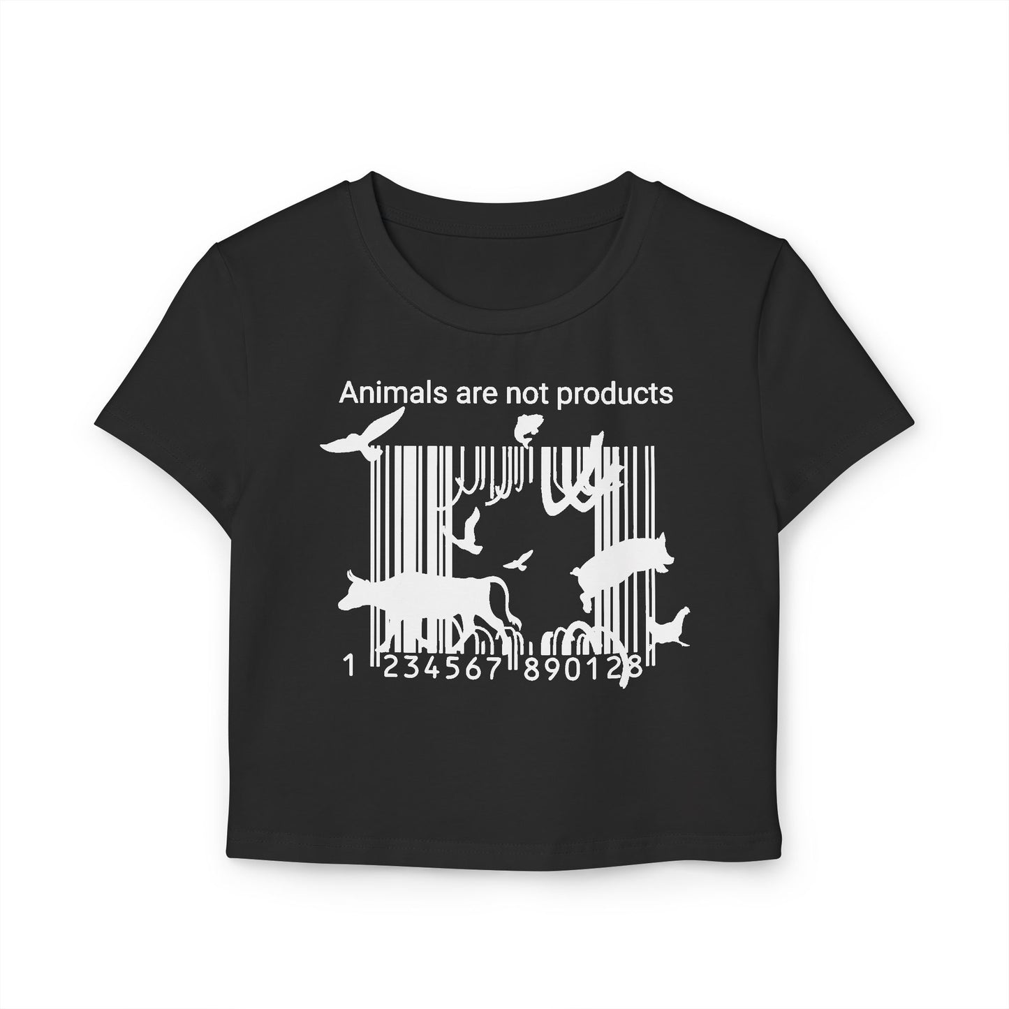 Animals Are Not Products- Women's Baby Tee - Escape The Barcode