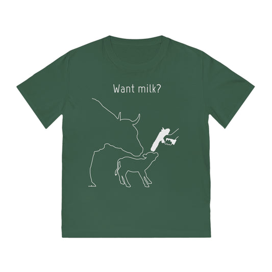 Want Milk? - Unisex Rocker T-shirt - Confronting Milk consumers with Mother Cow, Calf and bolt gun