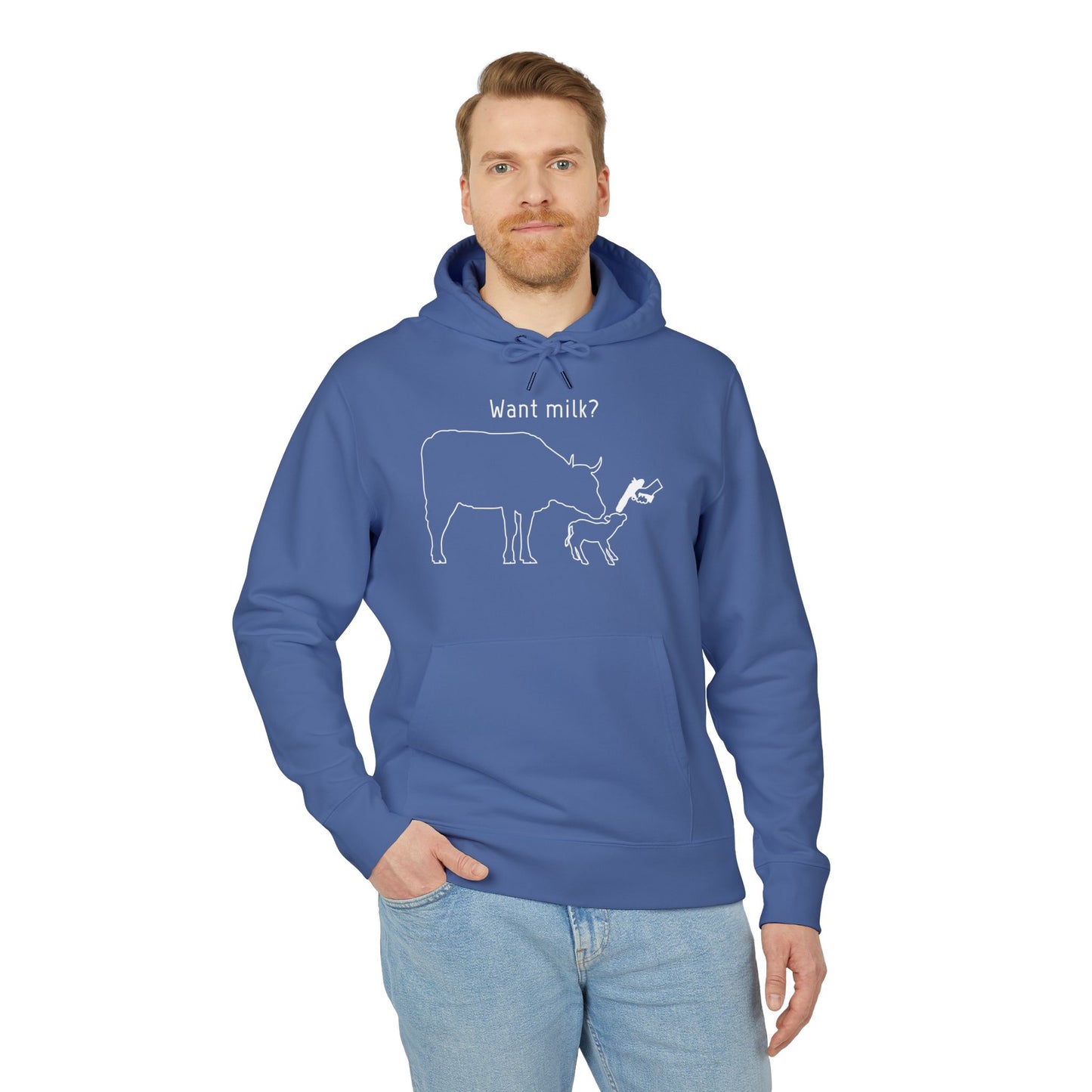 Want Milk? - Unisex Hoodie - Confronting Milk consumers with Mother Cow, Calf and bolt gun