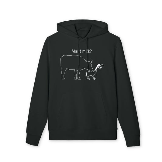 Want Milk? - Unisex Hoodie - Confronting Milk consumers with Mother Cow, Calf and bolt gun