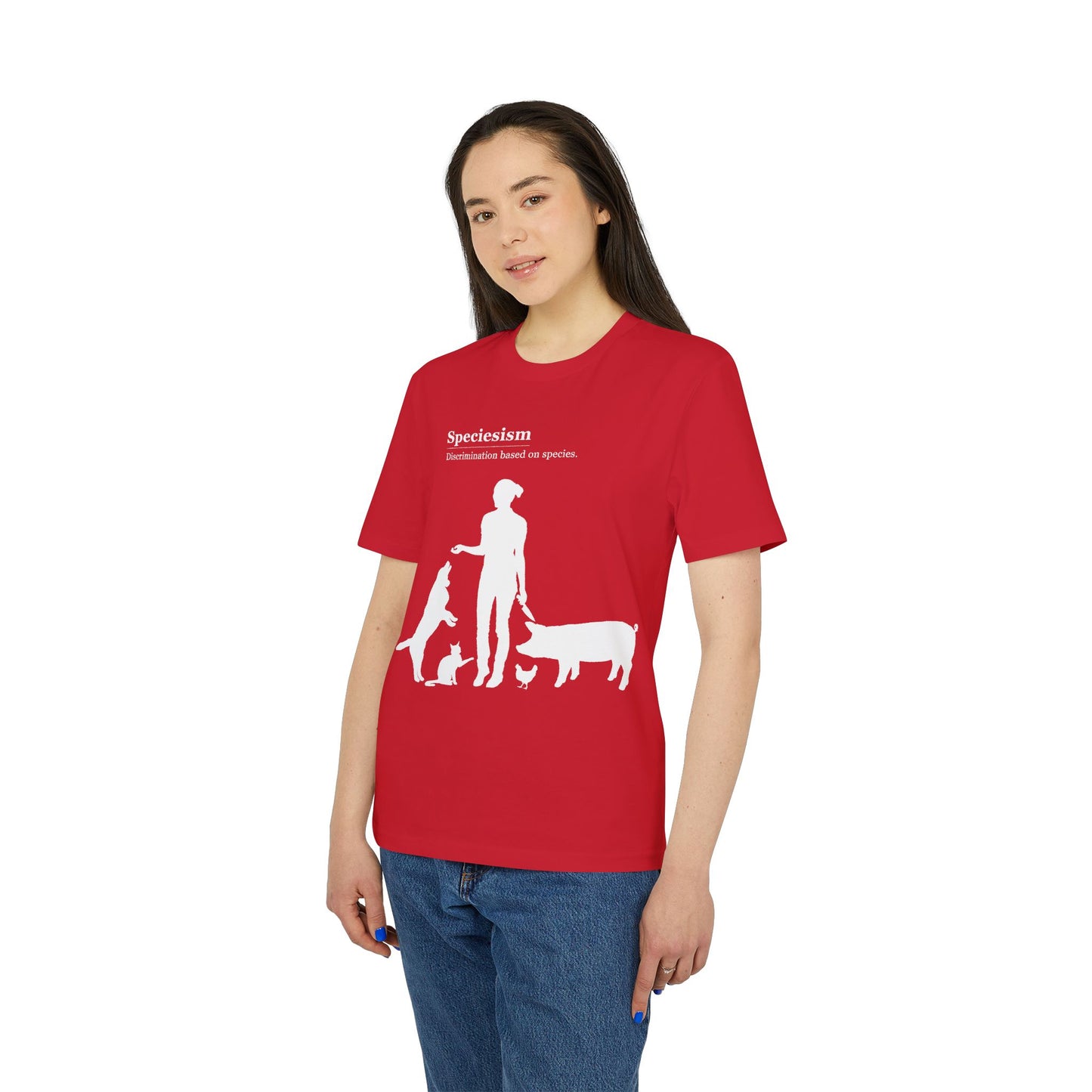 Speciesism Definition - Unisex T-Shirt - Woman with Dog, Cat, Pig, and Chicken
