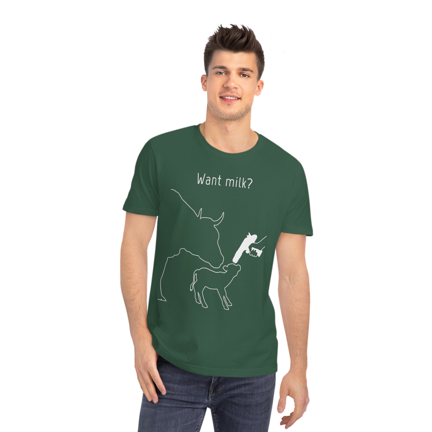 Want Milk? - Unisex Rocker T-shirt - Confronting Milk consumers with Mother Cow, Calf and bolt gun
