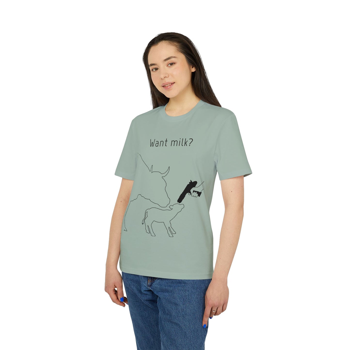 Want Milk? - Unisex T-shirt - Confronting Milk consumers with Mother Cow, Calf and bolt gun