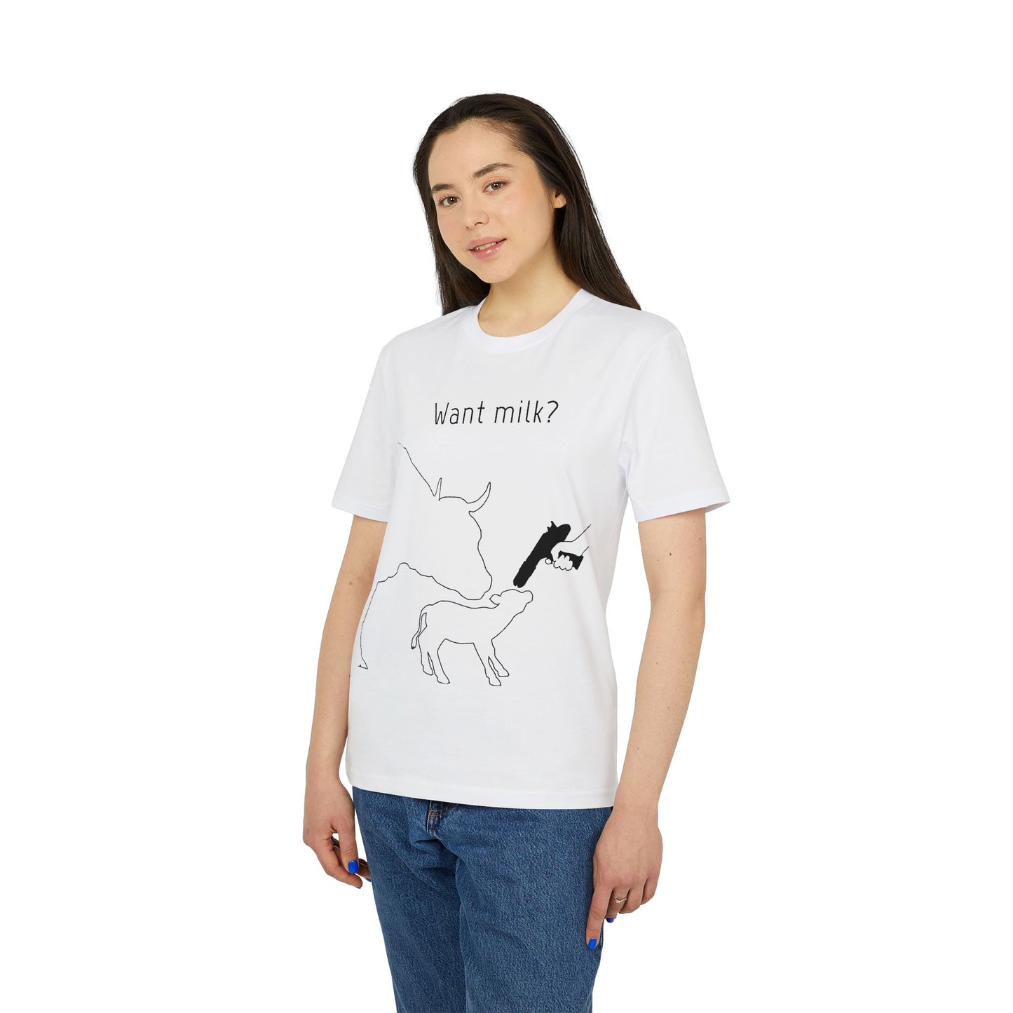 Want Milk? - Unisex T-shirt - Confronting Milk consumers with Mother Cow, Calf and bolt gun