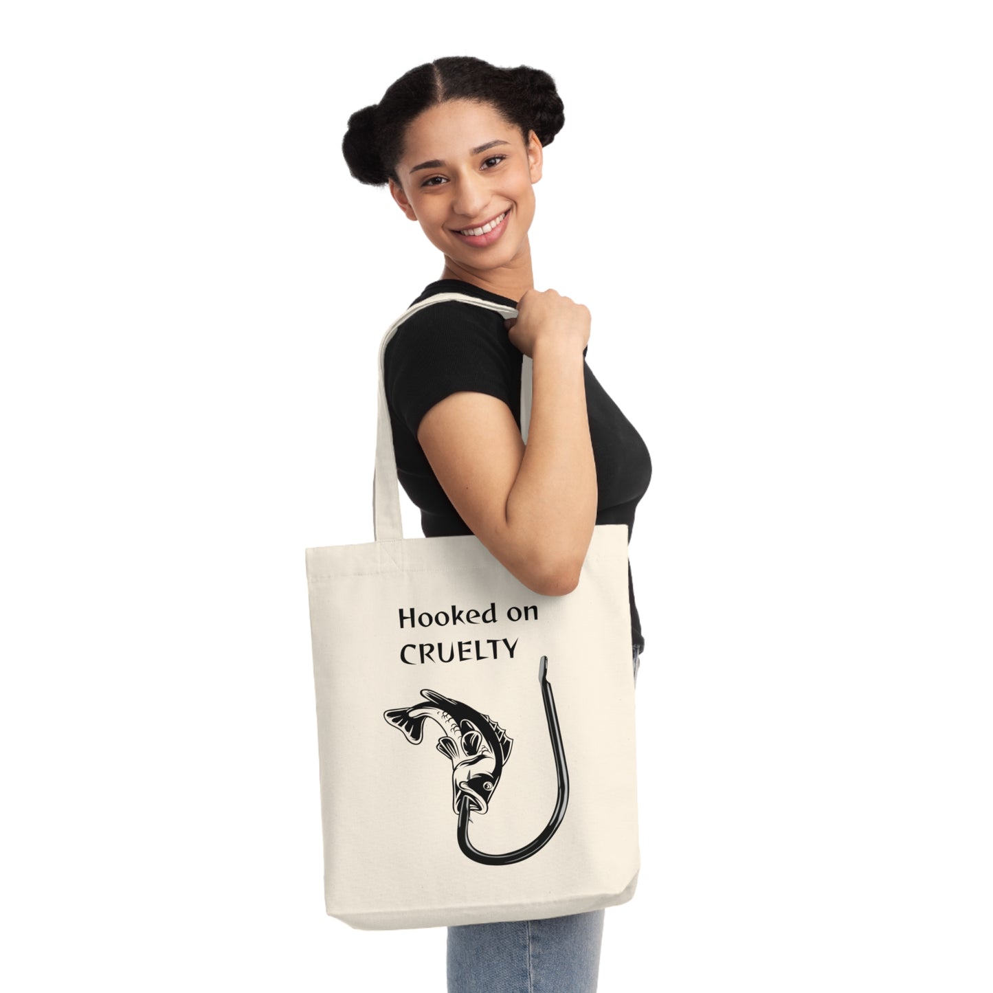 Hooked on Cruelty - Woven Tote Bag -  Graphic Design Against Fishing - Catch the eye of fishermen