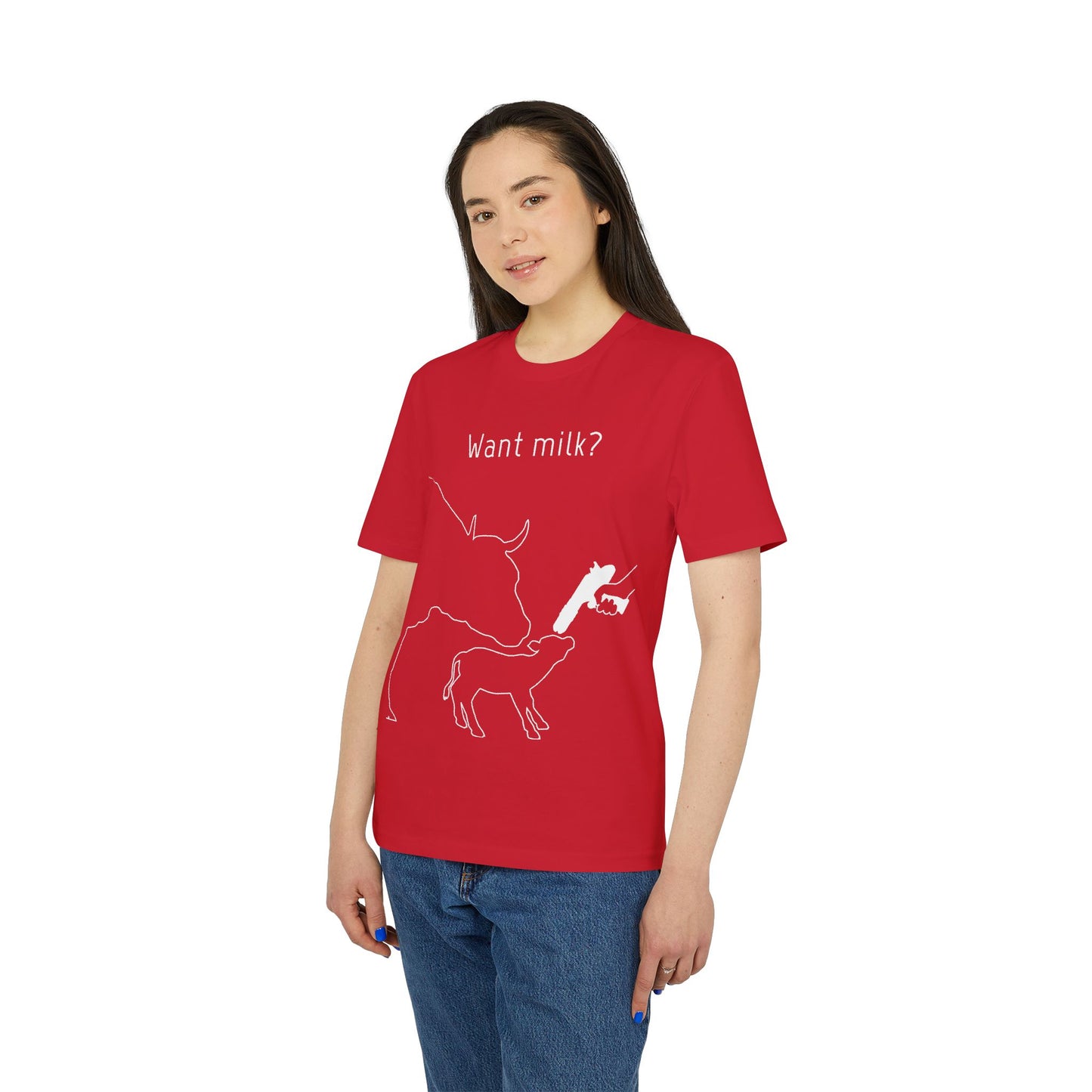 Want Milk? - Unisex T-shirt - Confronting Milk consumers with Mother Cow, Calf and bolt gun