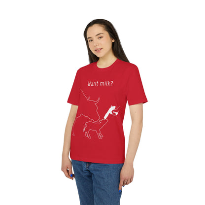 Want Milk? - Unisex T-shirt - Confronting Milk consumers with Mother Cow, Calf and bolt gun