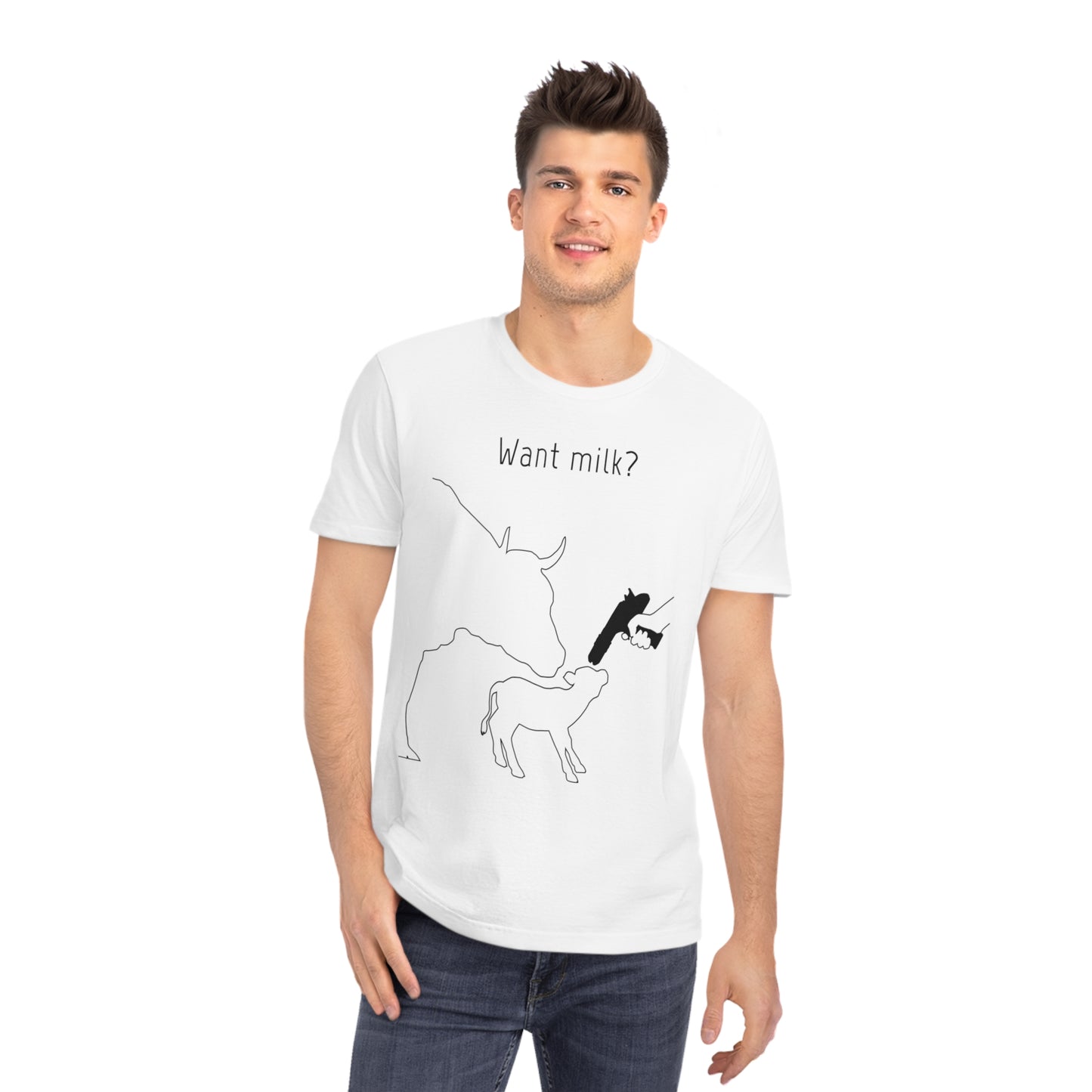 Want Milk? - Unisex Rocker T-shirt - Confronting Milk consumers with Mother Cow, Calf and bolt gun