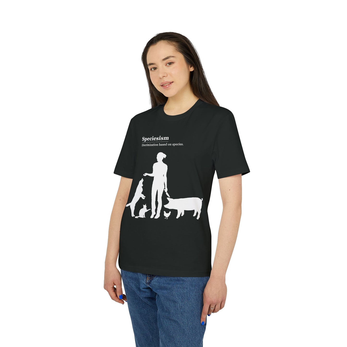 Speciesism Definition - Unisex T-Shirt - Woman with Dog, Cat, Pig, and Chicken