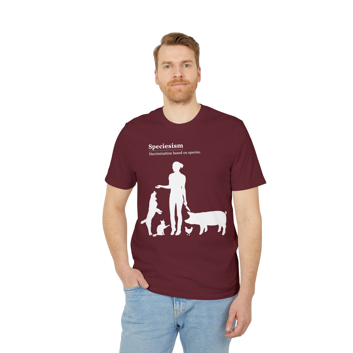 Speciesism Definition - Unisex T-Shirt - Woman with Dog, Cat, Pig, and Chicken