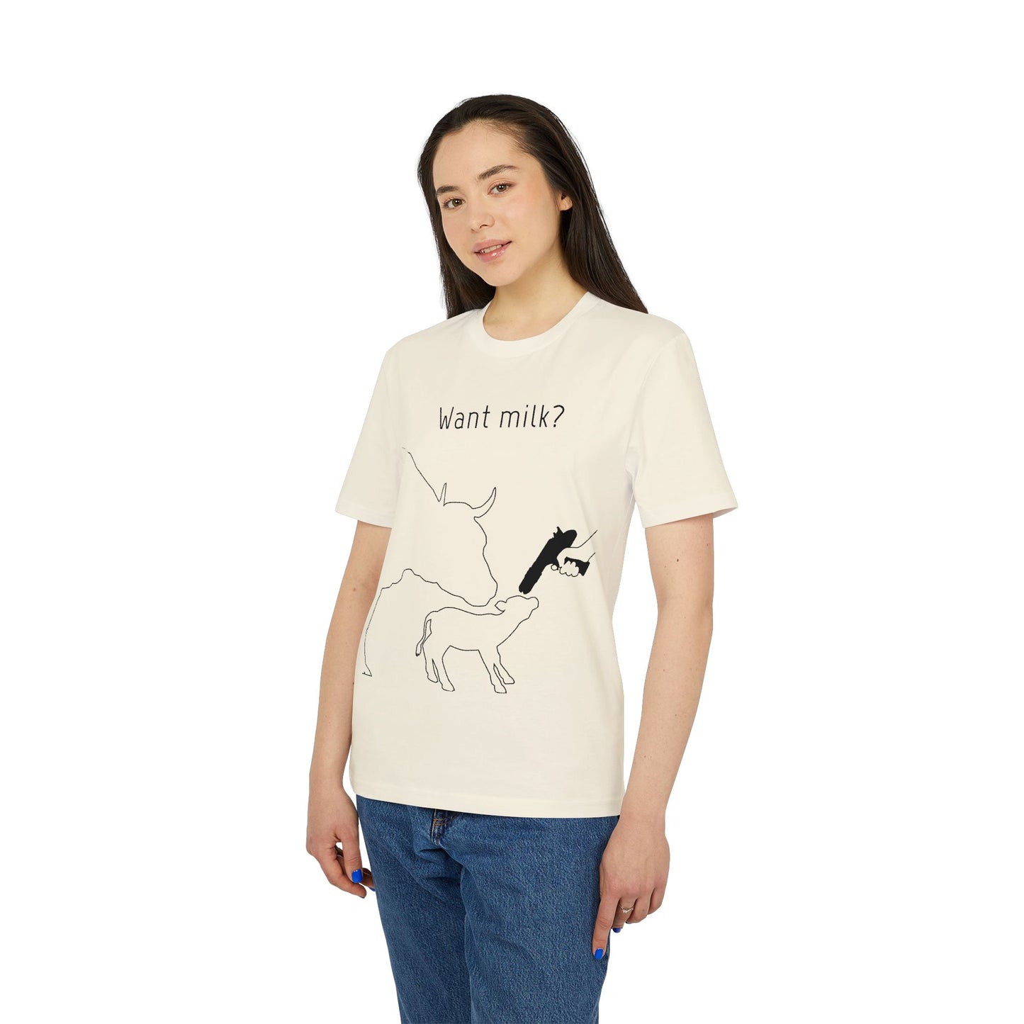 Want Milk? - Unisex T-shirt - Confronting Milk consumers with Mother Cow, Calf and bolt gun