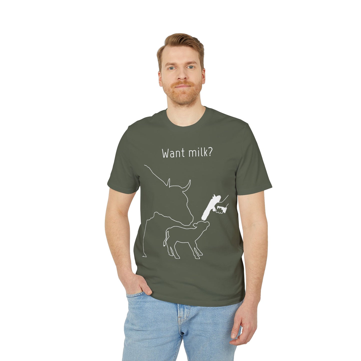 Want Milk? - Unisex T-shirt - Confronting Milk consumers with Mother Cow, Calf and bolt gun