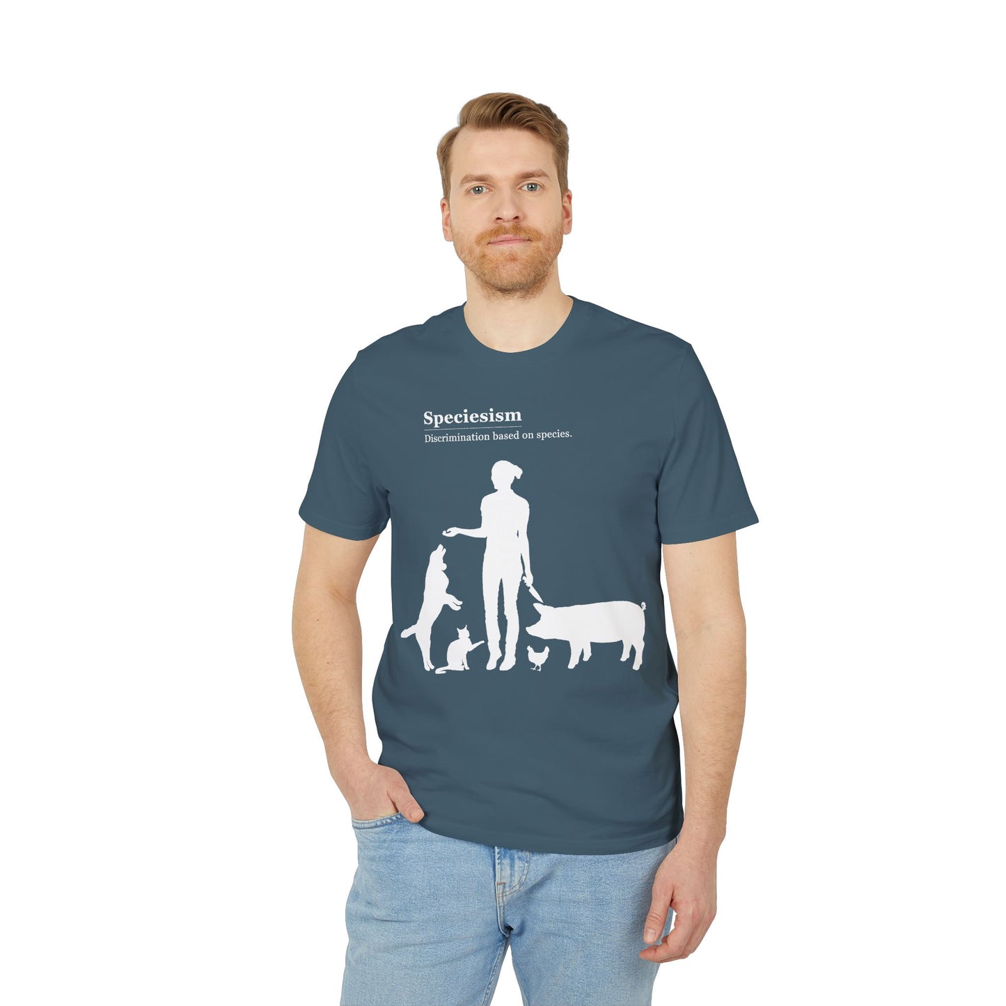 Speciesism Definition - Unisex T-Shirt - Woman with Dog, Cat, Pig, and Chicken