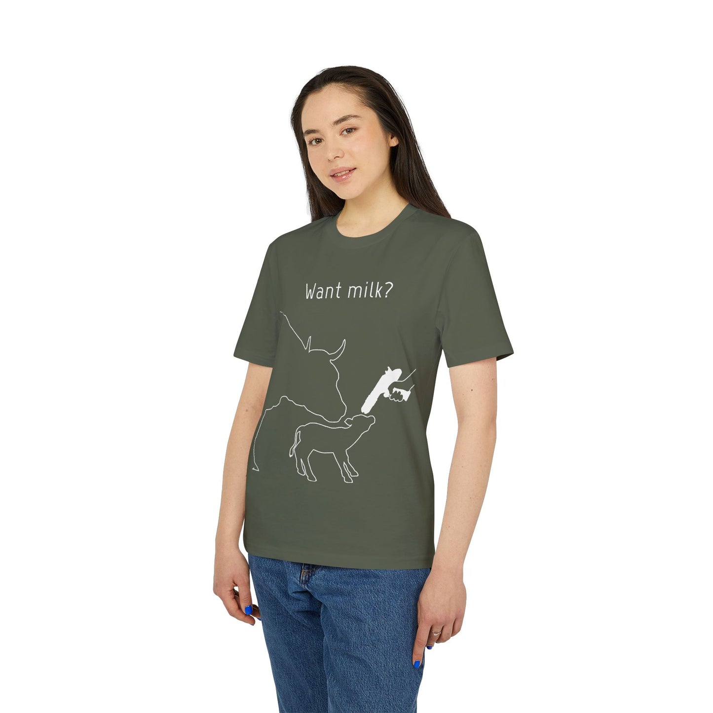 Want Milk? - Unisex T-shirt - Confronting Milk consumers with Mother Cow, Calf and bolt gun