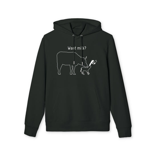 Want Milk? - Unisex Hoodie - Confronting Milk consumers with Mother Cow, Calf and bolt gun
