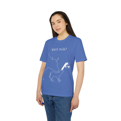 Want Milk? - Unisex T-shirt - Confronting Milk consumers with Mother Cow, Calf and bolt gun