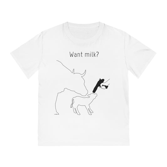 Want Milk? - Unisex Rocker T-shirt - Confronting Milk consumers with Mother Cow, Calf and bolt gun