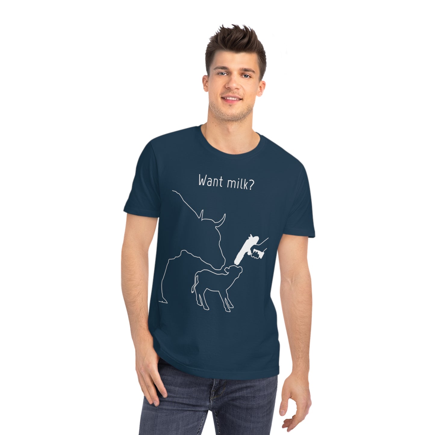 Want Milk? - Unisex Rocker T-shirt - Confronting Milk consumers with Mother Cow, Calf and bolt gun
