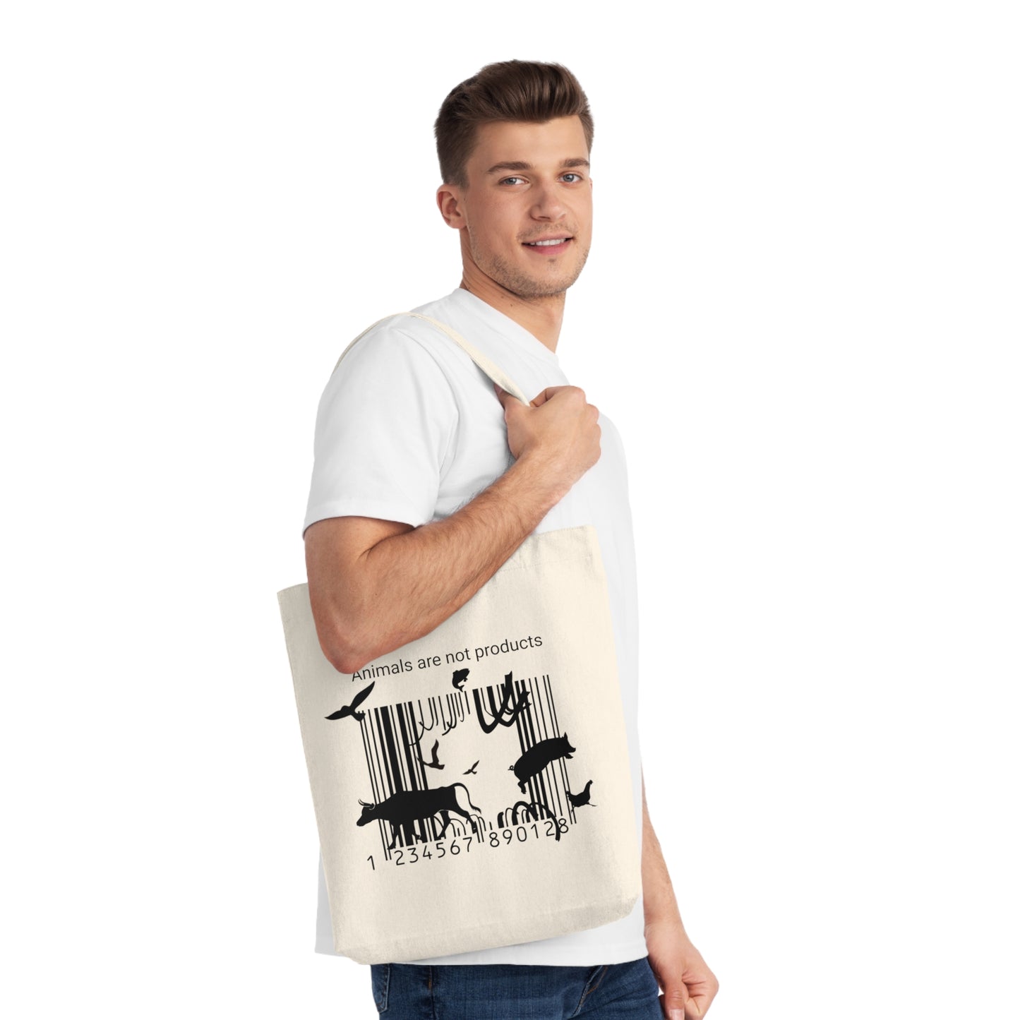 Animals Are Not Products - Woven Tote Bag - Jumping out of Barcode