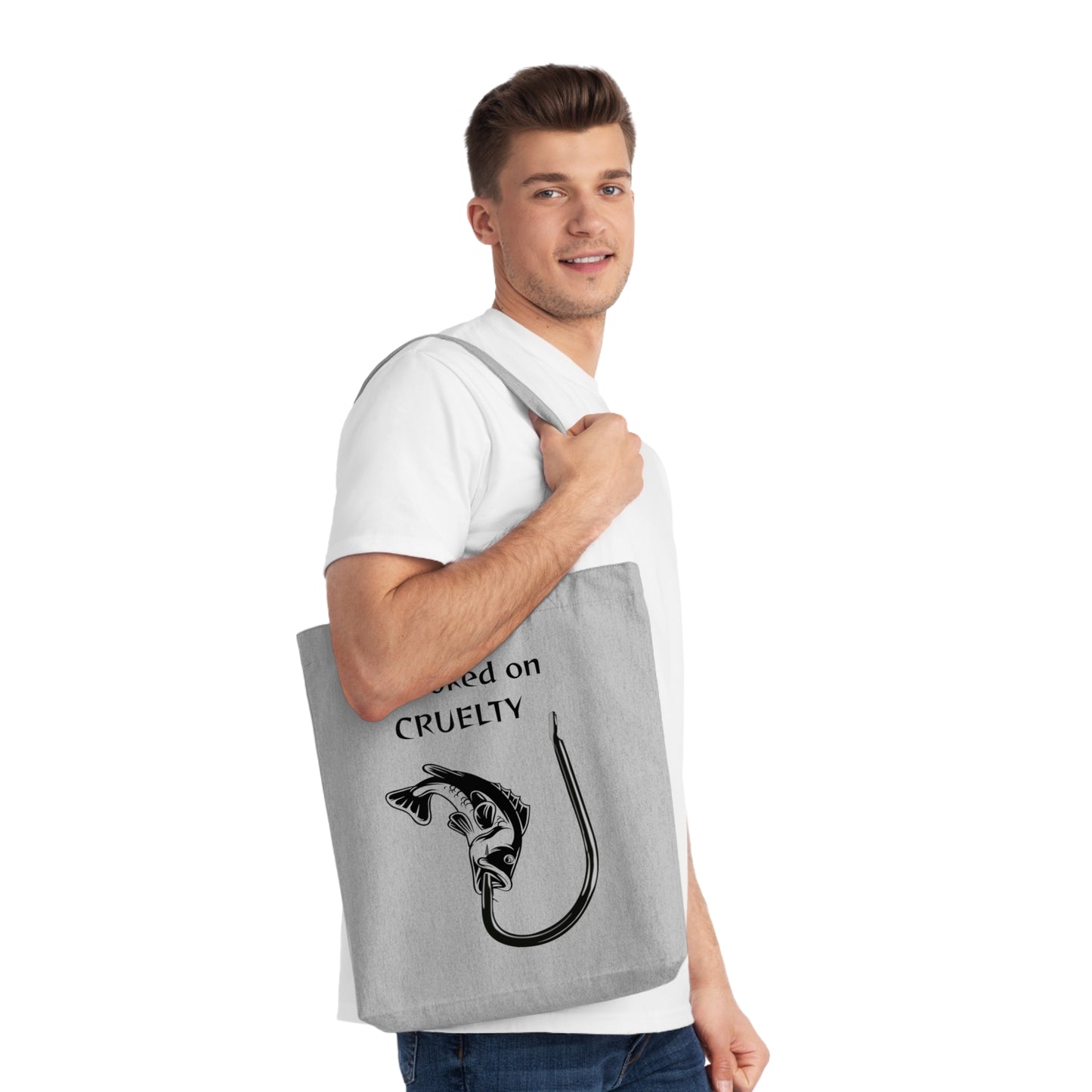 Hooked on Cruelty - Woven Tote Bag -  Graphic Design Against Fishing - Catch the eye of fishermen