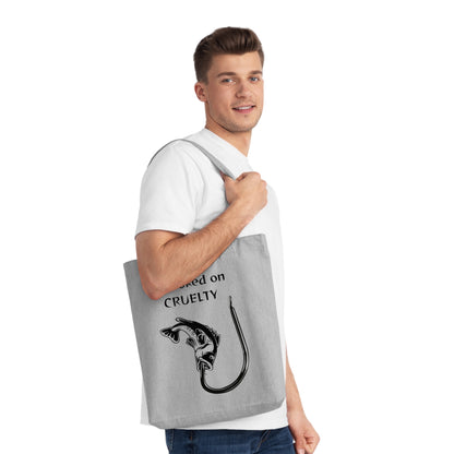 Hooked on Cruelty - Woven Tote Bag -  Graphic Design Against Fishing - Catch the eye of fishermen