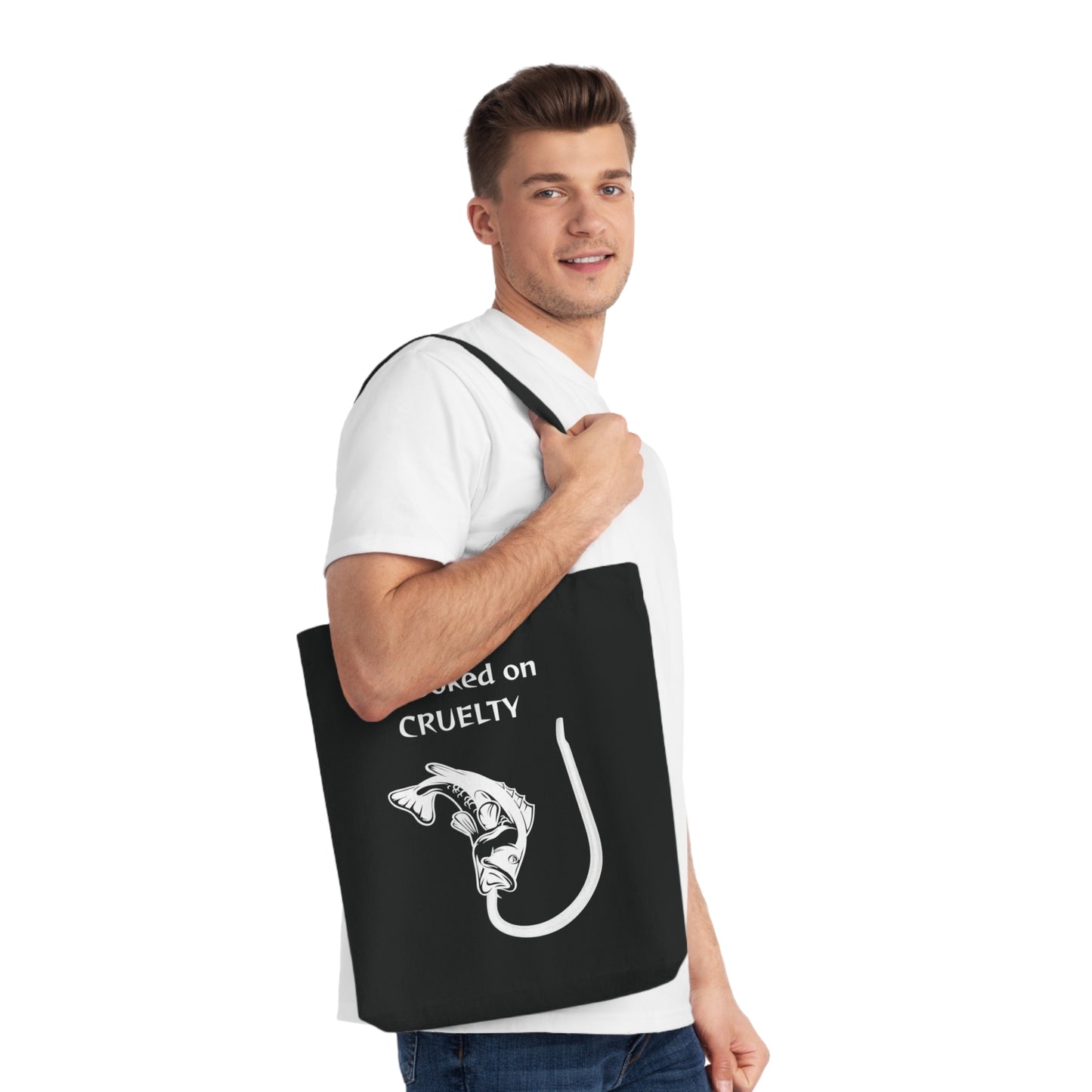 Hooked on Cruelty - Woven Tote Bag -  Graphic Design Against Fishing - Catch the eye of fishermen