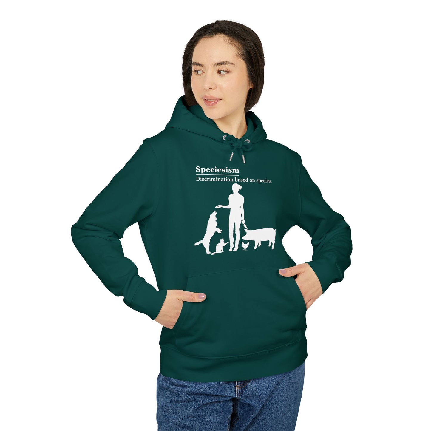 Speciesism Definition - Unisex Hoodie - Woman with Dog, Cat, Pig, and Chicken