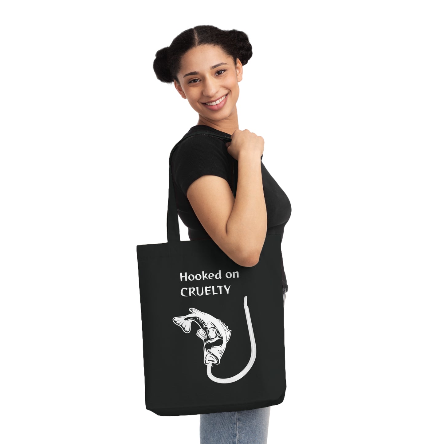 Hooked on Cruelty - Woven Tote Bag -  Graphic Design Against Fishing - Catch the eye of fishermen