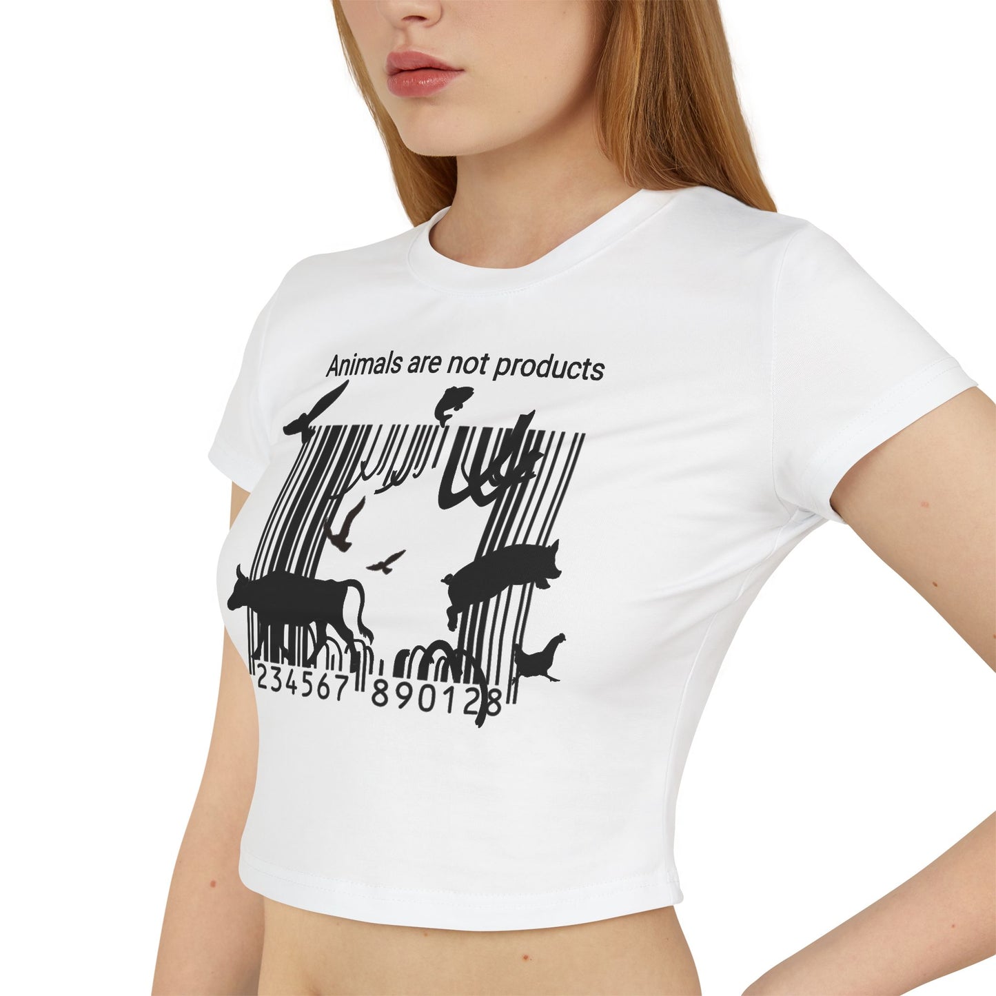 Animals Are Not Products- Women's Baby Tee - Escape The Barcode